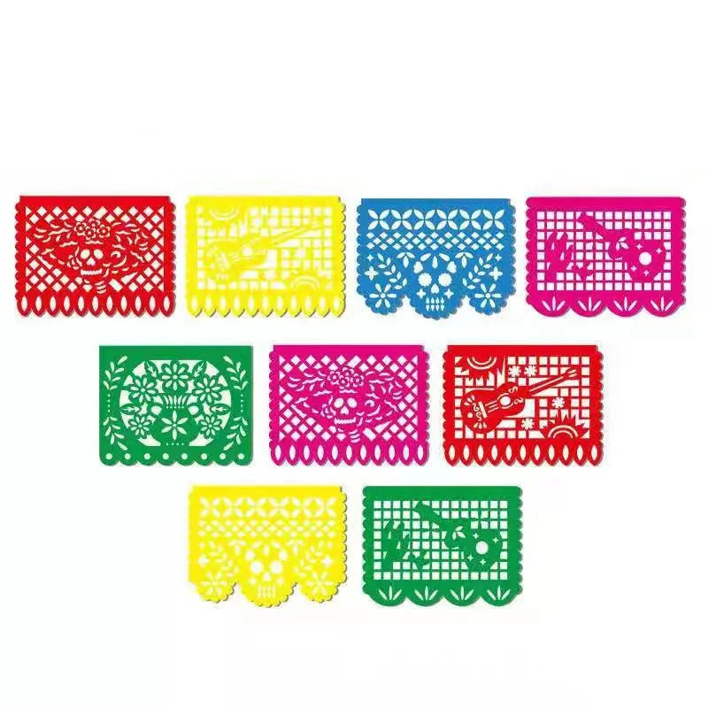A set of colorful decorative felt flags featuring various patterns and designs for party decorations