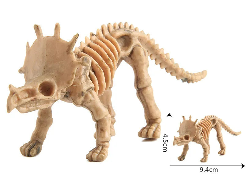 A light brown dinosaur skeleton model showing the full body and legs, with a scale indicating its size.
