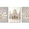 Set of three canvas art pieces featuring Islamic calligraphy and architecture, including Ayatul Kursi.