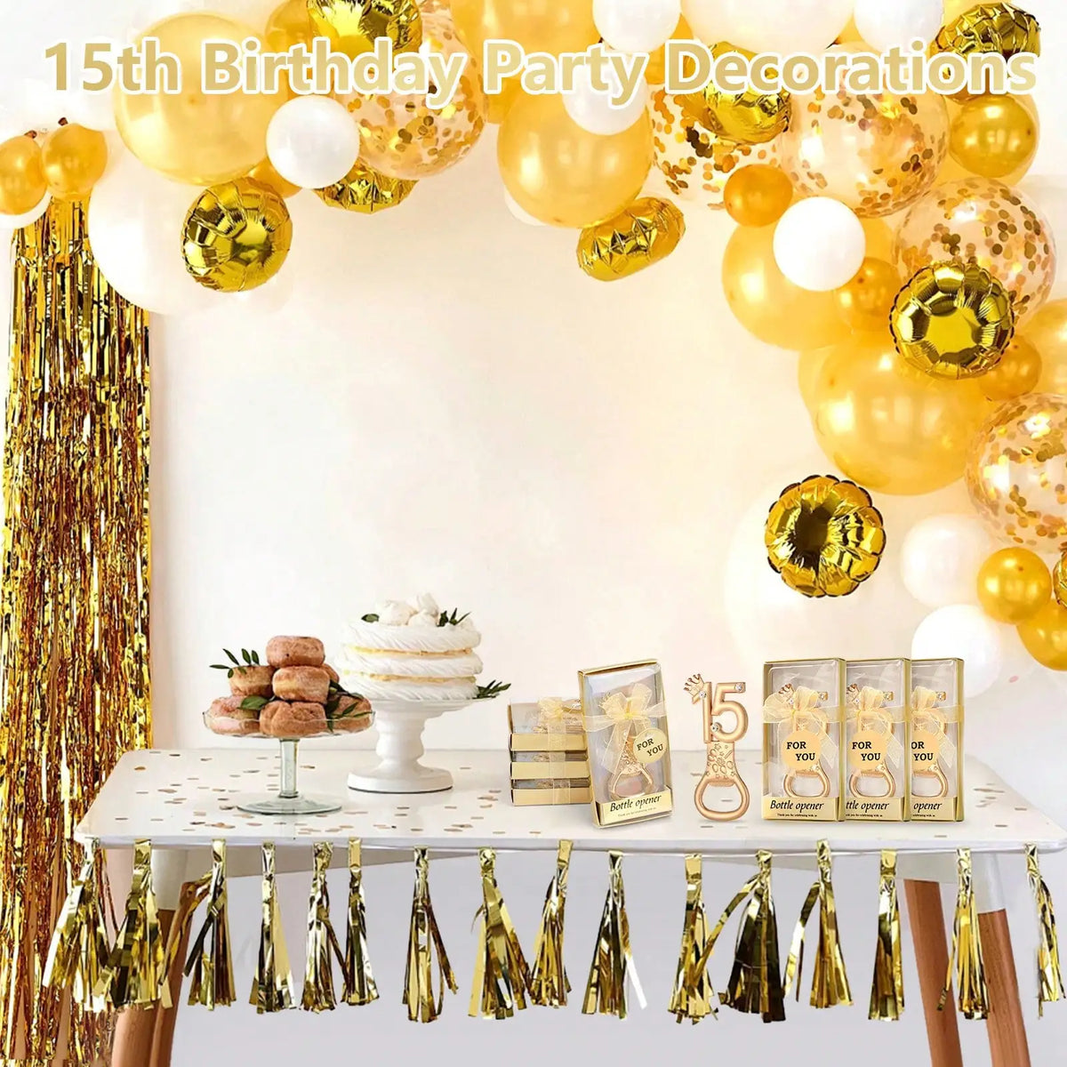 Gold crown number 15 bottle opener party favors with gold and white balloons and streamers