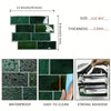 Green peel and stick vinyl wall tile decor showing waterproof, easy to clean, and strong adhesive features