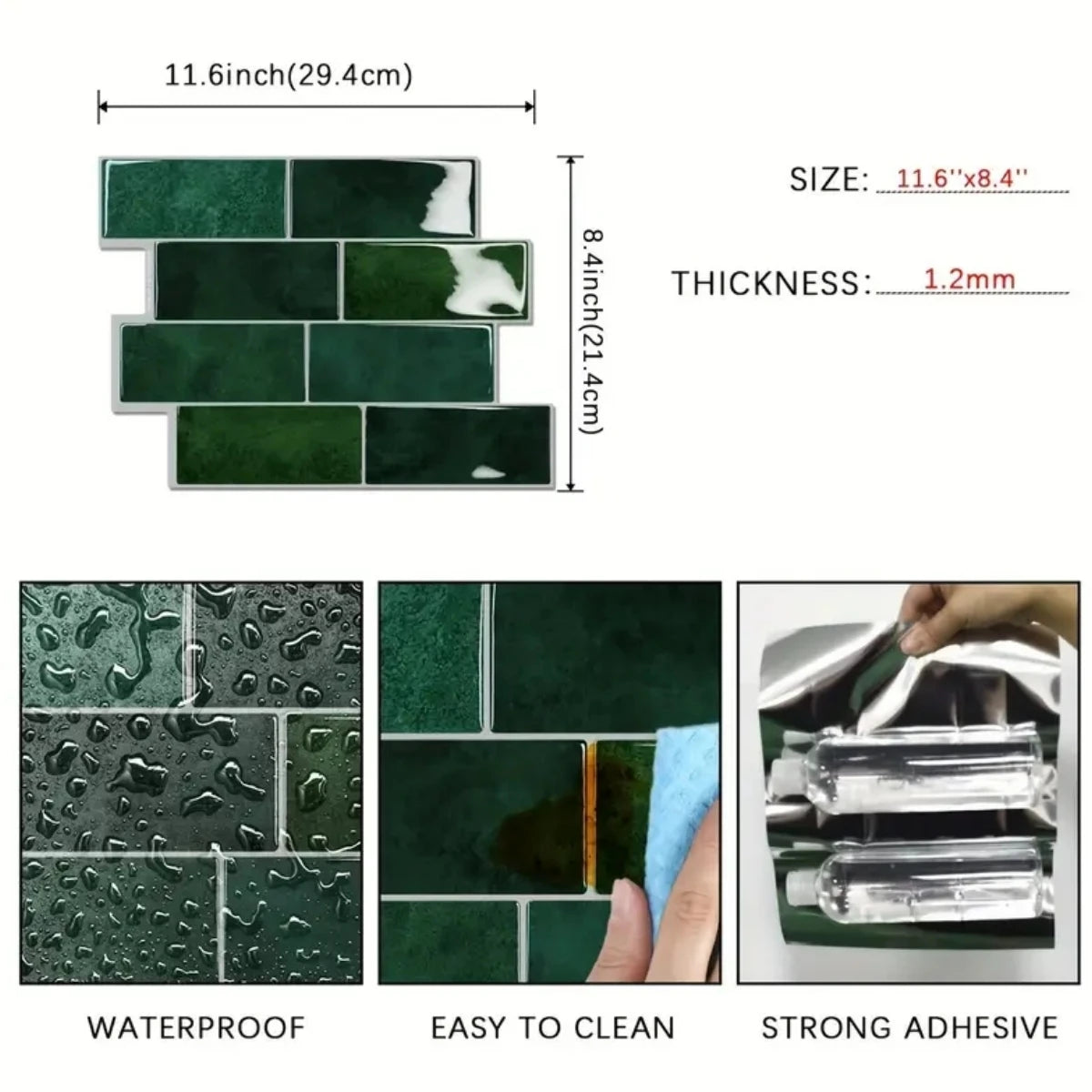 Green peel and stick vinyl wall tile decor showing waterproof, easy to clean, and strong adhesive features
