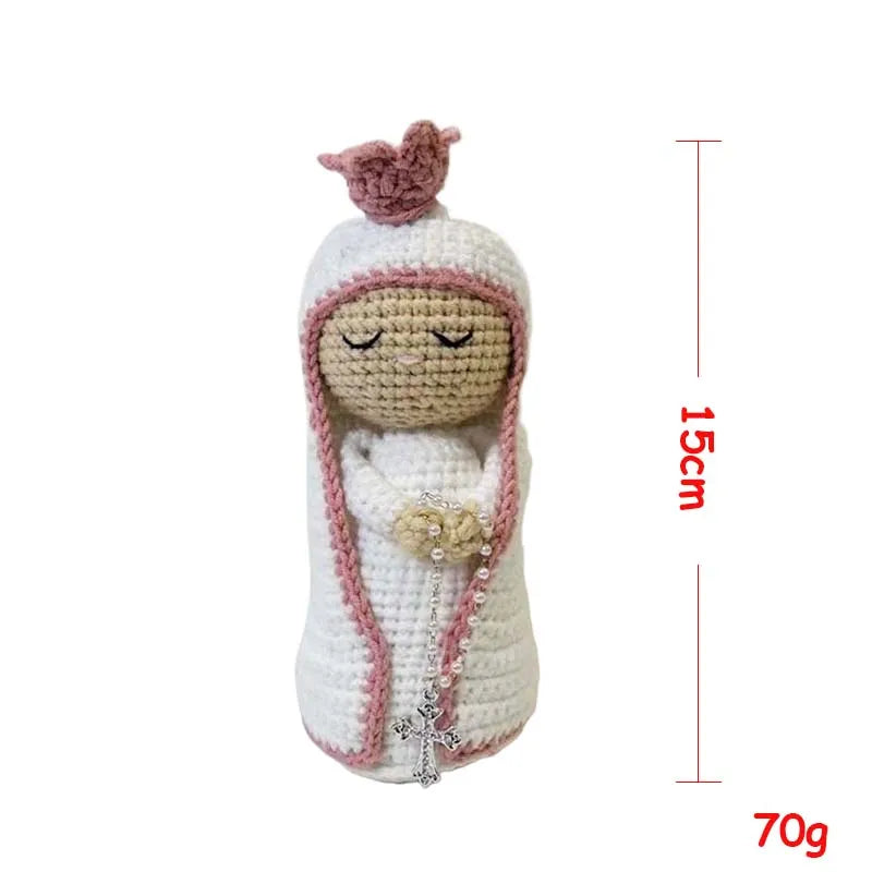 Handcrafted Virgin Mary crochet doll with a pink crown and white garment