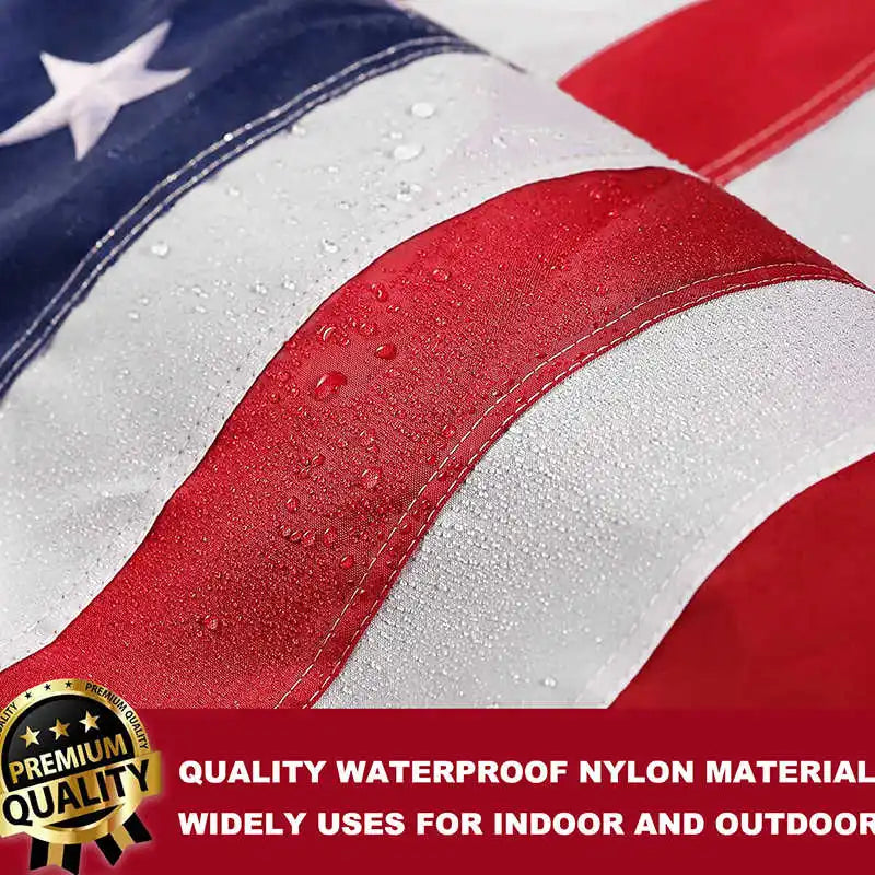 Close-up of a waterproof nylon American flag fabric with red and white stripes and stars.