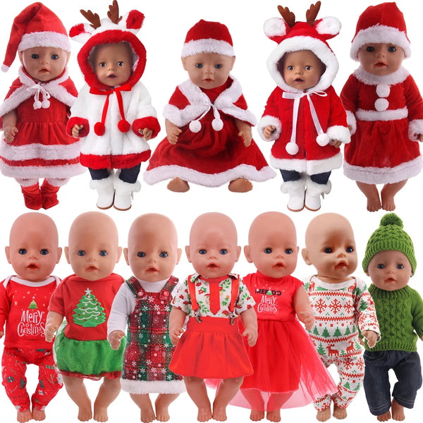 A collection of Christmas doll outfits featuring Santa hats and festive red and white clothing for various sized dolls.