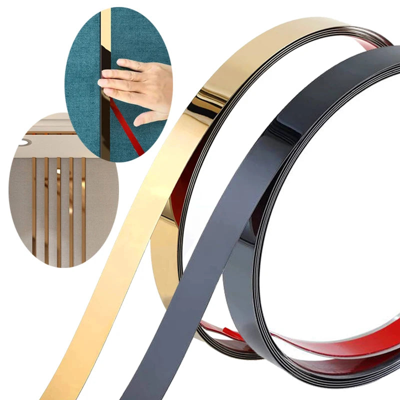 Rolls of gold and black stainless steel self-adhesive decorative wall trim for mirror accents