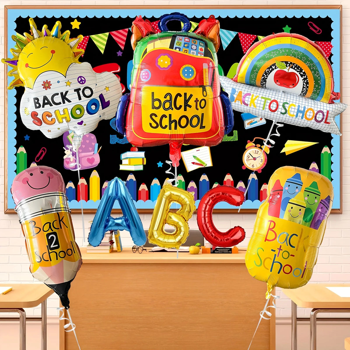 An arrangement of colorful back to school decorations including a backpack, rainbow, and letter balloons.