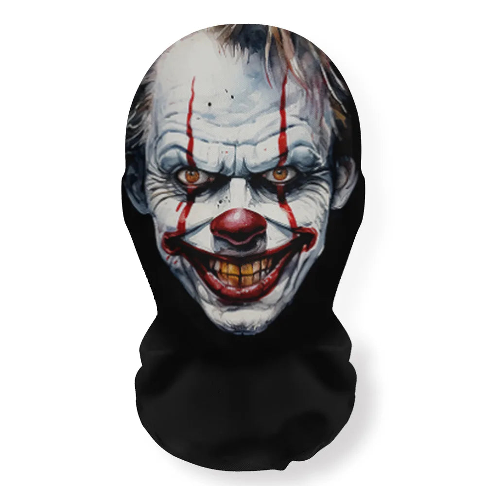 A black Halloween skeleton face mask with a white and red painted face and breathable mesh hood.
