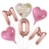 A set of six pink and gold foil balloons, including a heart-shaped balloon with Happy Mother's Day text and several other hea