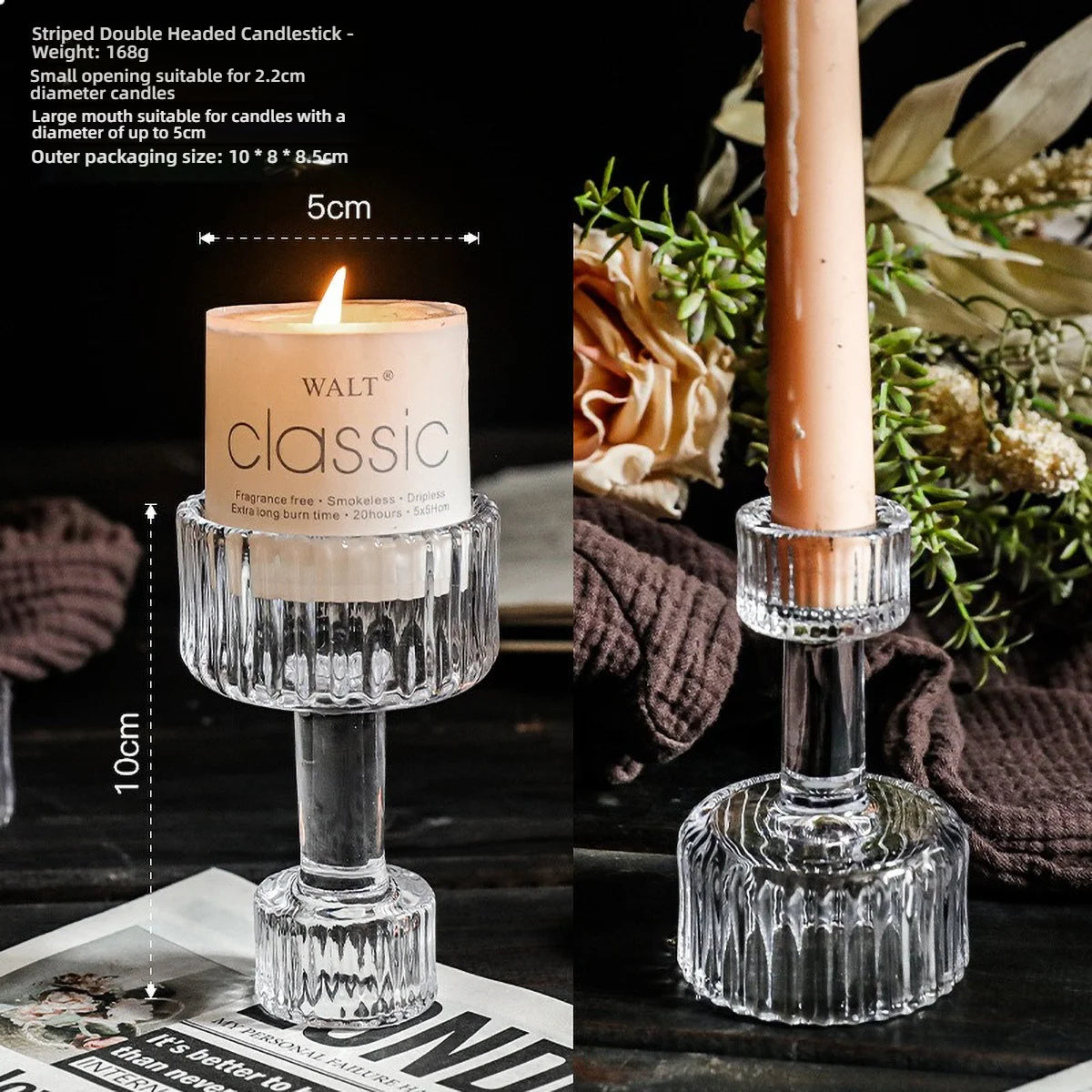 A clear glass pillar candle holder with a pink candle and a wick, set against a dark background.