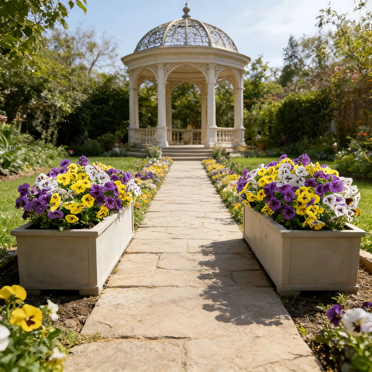 A pathway lined with colorful pansies and daisies leads to a classical garden gazebo.