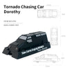 A black model of a Tornado Chasing car, featuring swivel rubber tires and detailed interior view.