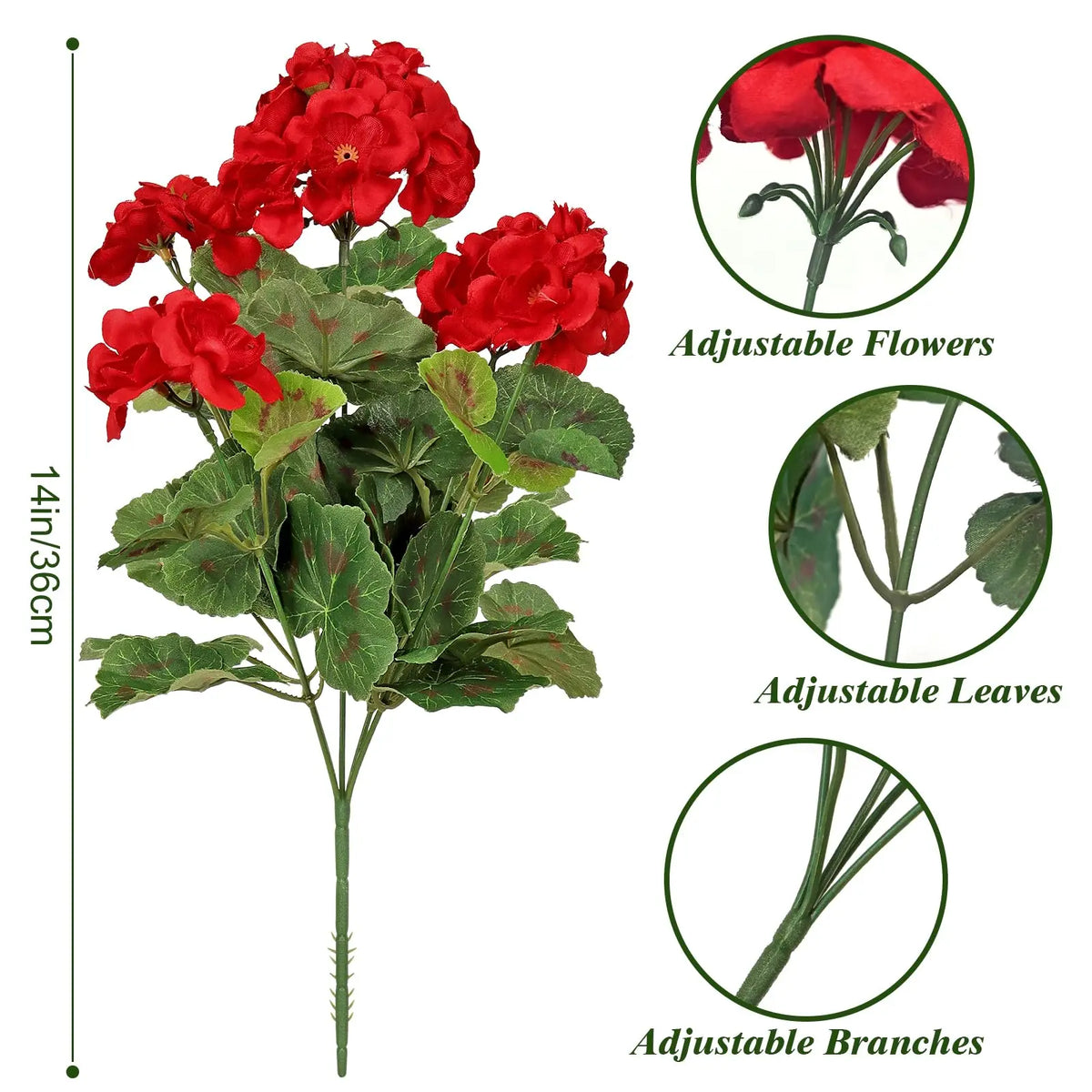 Illustration of artificial geranium flowers showing adjustable flowers, leaves, and branches.