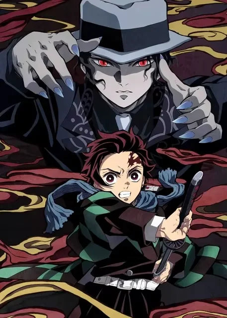 Anime style illustration of a male character with red hair and intense eyes in dark clothing