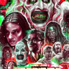 A dark, intense movie poster featuring a grotesque face and several characters from Terrifier films.