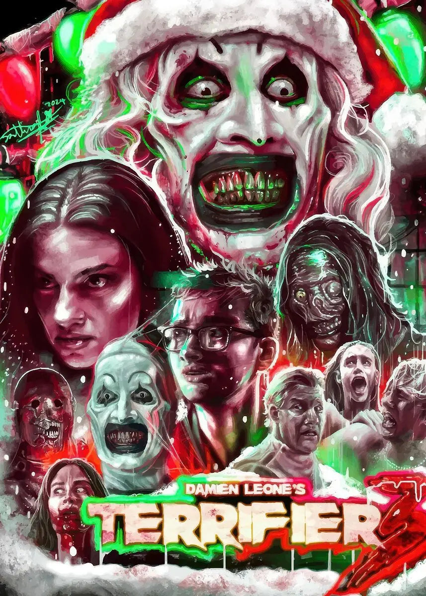 A dark, intense movie poster featuring a grotesque face and several characters from Terrifier films.