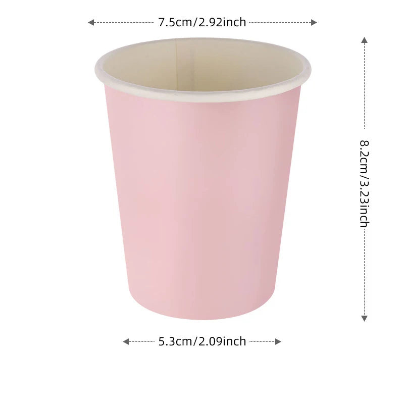 A pink scalloped paper cup with a white rim and measurements shown.