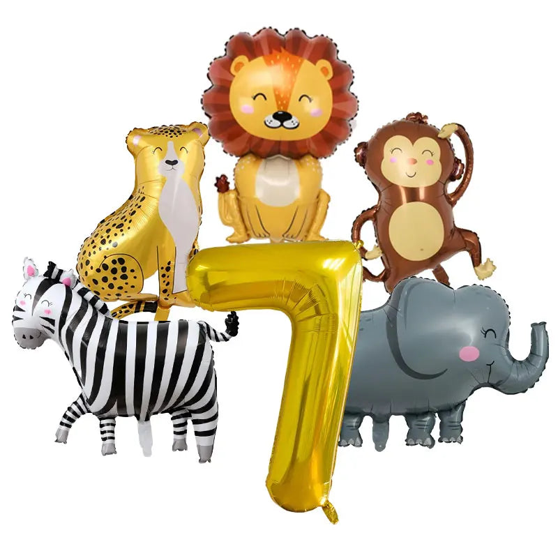 Jungle safari birthday decor set featuring lion, elephant, zebra, and giraffe figures.