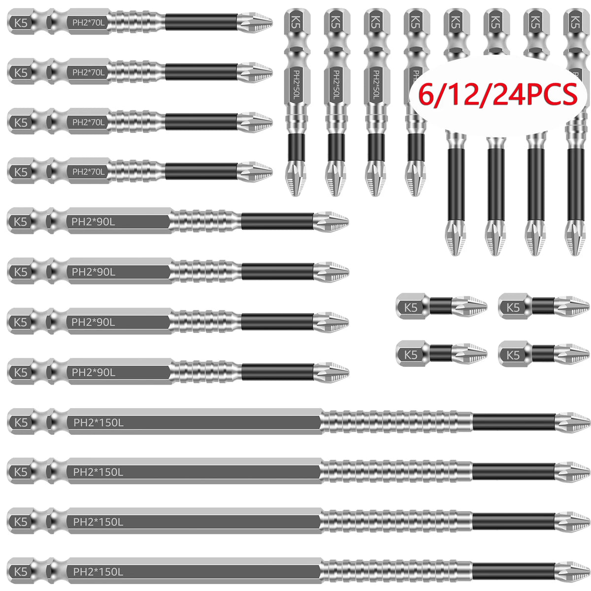 A collection of impact screwdriver bits in various sizes and lengths, packaged as 12 or 24 pieces.