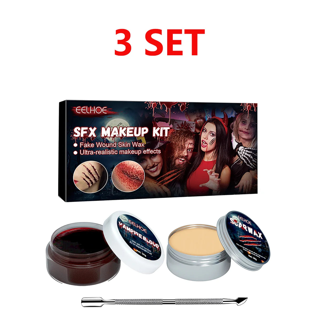 A set of special effects makeup kit including fake wound skin wax, blood, and applicators.