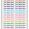 A pack of waterproof customizable name tags featuring various names and safety icons like dishwasher safe and waterproof.