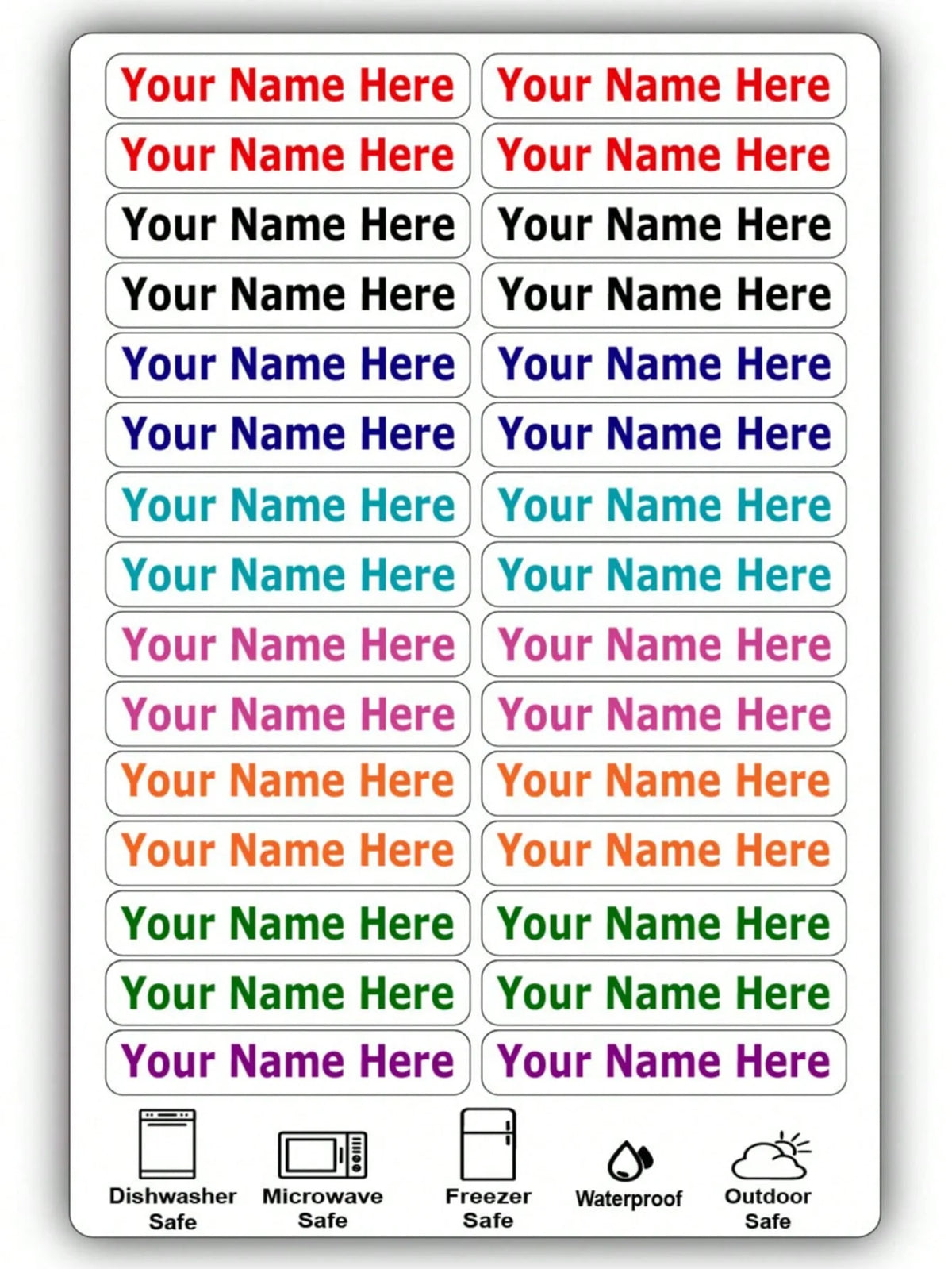 A pack of waterproof customizable name tags featuring various names and safety icons like dishwasher safe and waterproof.