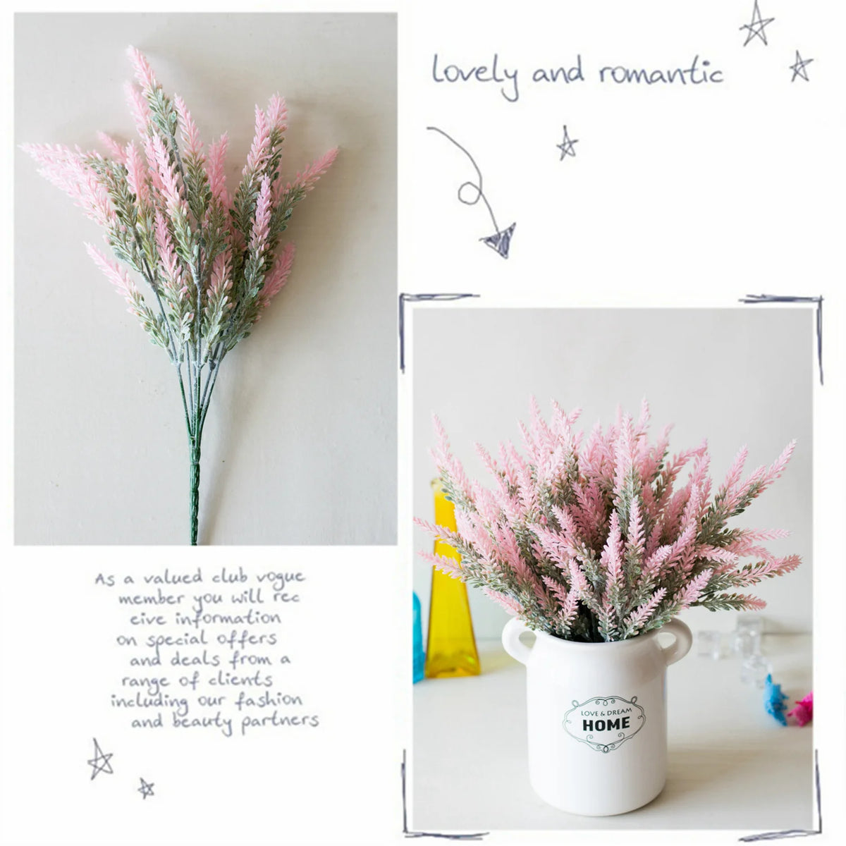 A bouquet of pink and green lavender artificial flowers in a white pot for home decor.
