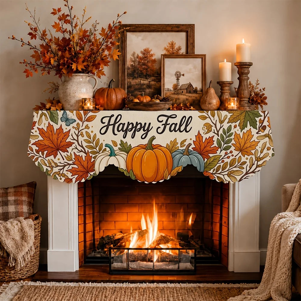 An autumn harvest fireplace mantel decorated with fall foliage, pumpkins, and rustic decor.