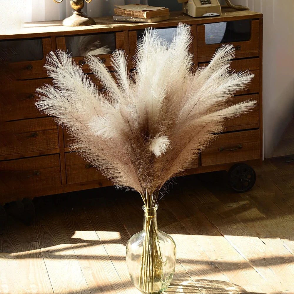 Dried pampas grass branches in a glass vase on a wooden cabinet with sunlight streaming through.