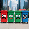 Four cartoon face PVC stickers in red, green, and blue are displayed side by side on a white surface.