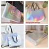 A set of iridescent holographic gift bags with sturdy handles shown in various designs and angles.
