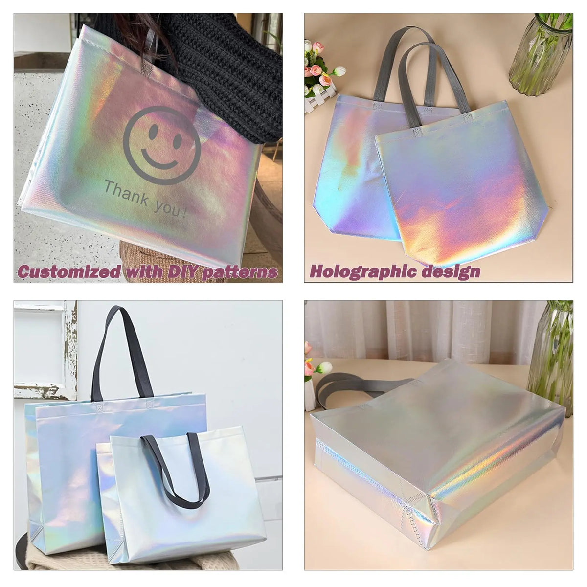 A set of iridescent holographic gift bags with sturdy handles shown in various designs and angles.