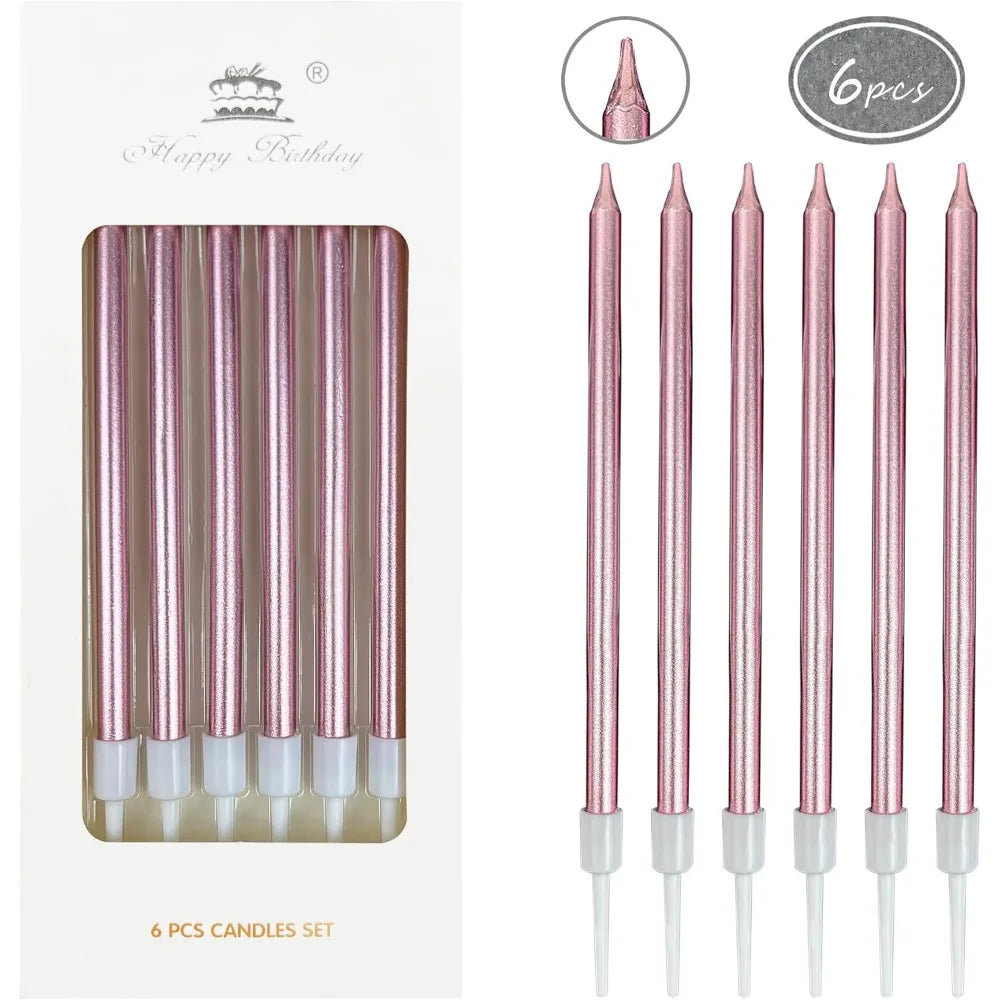 A set of 6 pink gradient metallic birthday candles in a rectangular packaging box.