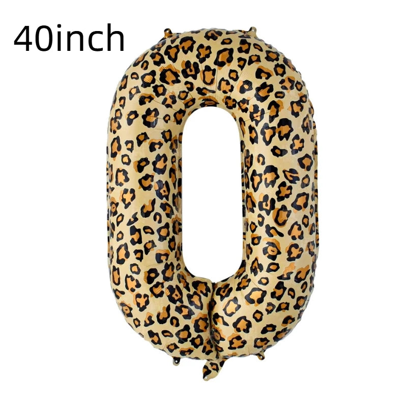 A large, inflatable number zero shaped like a leopard print for birthday parties.