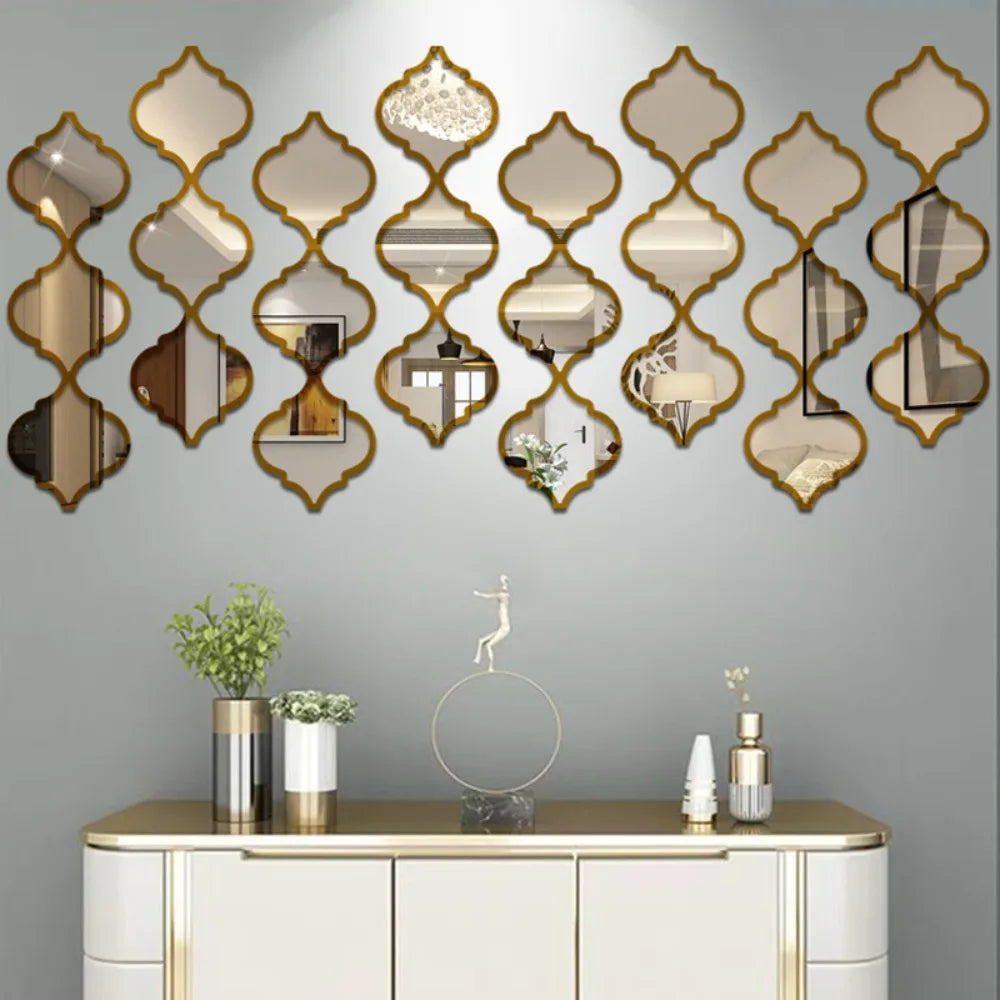 Moroccan acrylic mirror wall stickers displayed above a white cabinet.