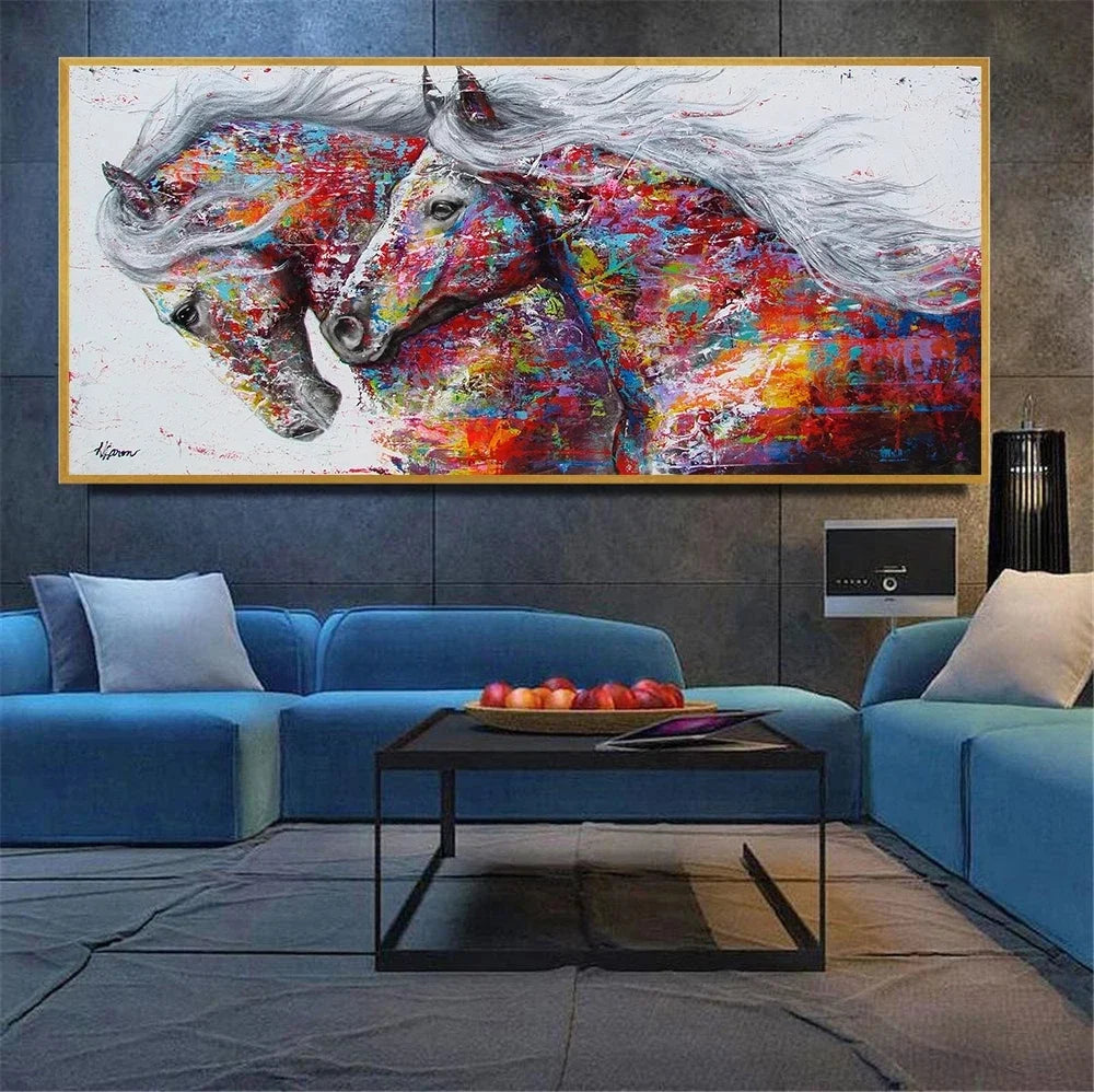 Modern canvas wall art print featuring a vibrant, impressionistic painting of galloping horses.