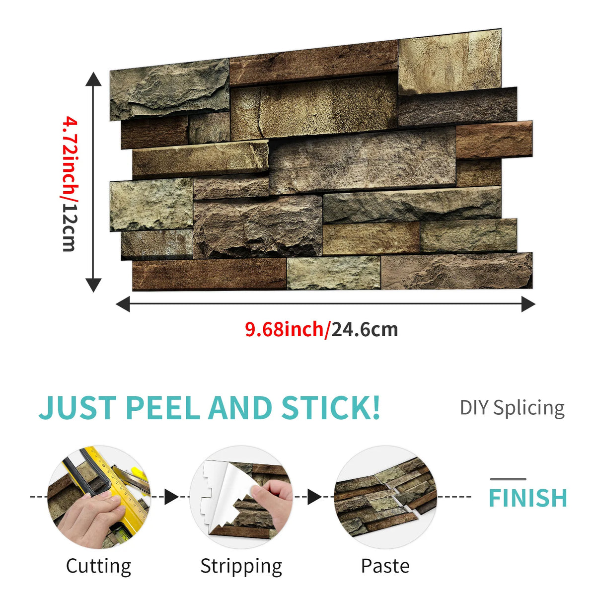 DIY marble wall sticker tiles showing the process of cutting, stripping, and applying paste for finish