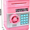 Pink ATM-style piggy bank with an electronic lock and keypad.