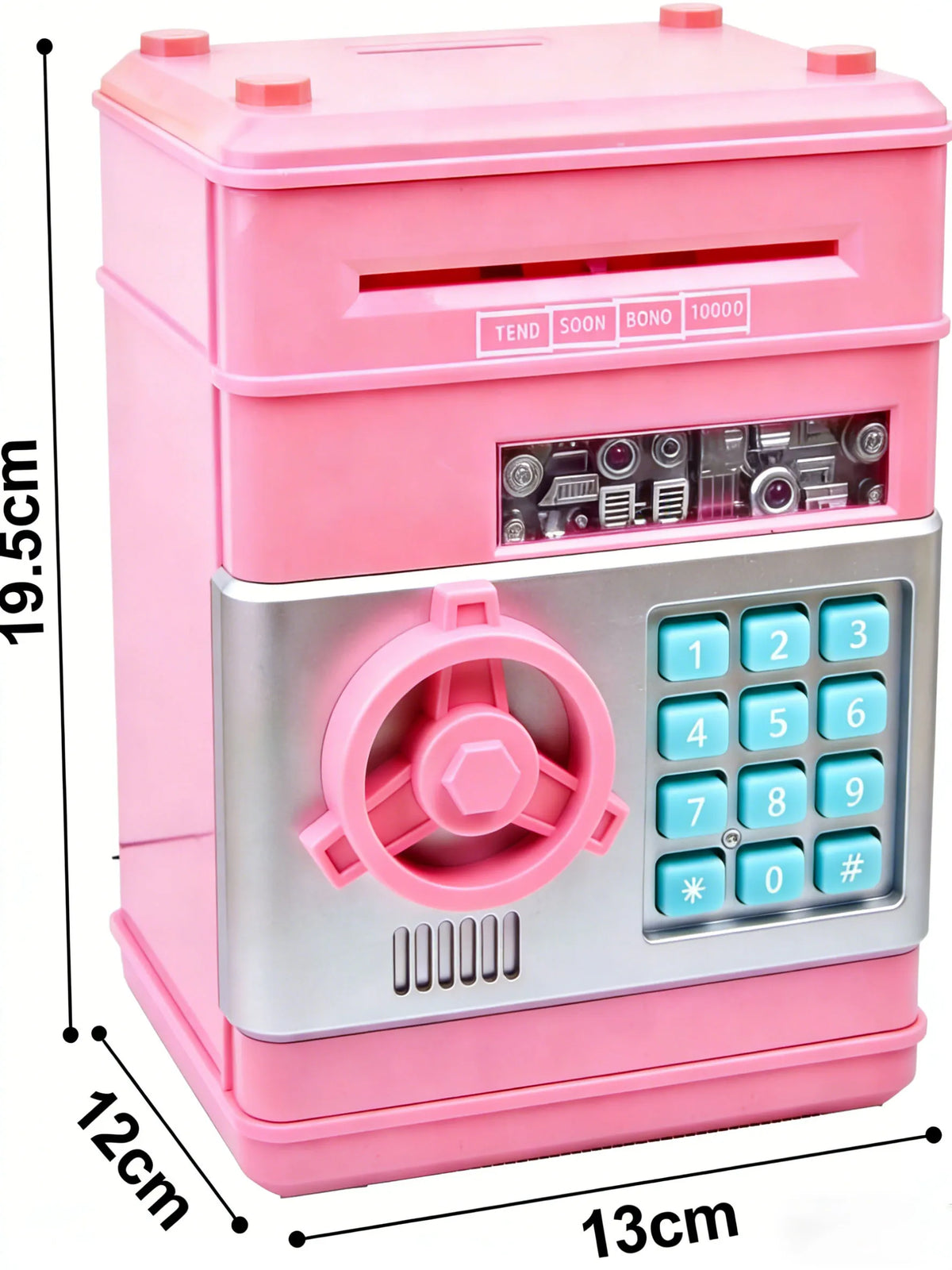 Pink ATM-style piggy bank with an electronic lock and keypad.