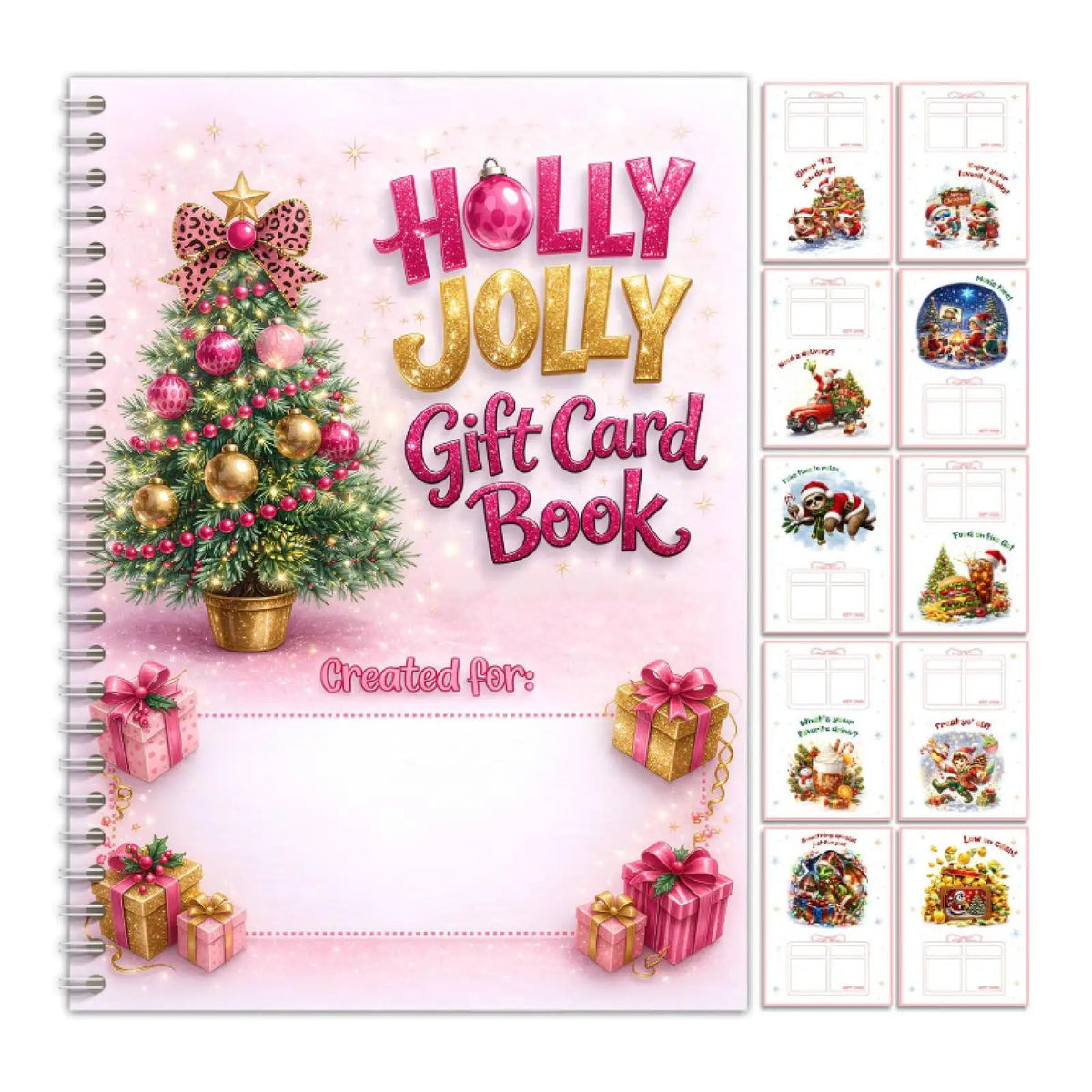 A pink and gold gift card book featuring a Christmas tree decoration and various gift card layouts.