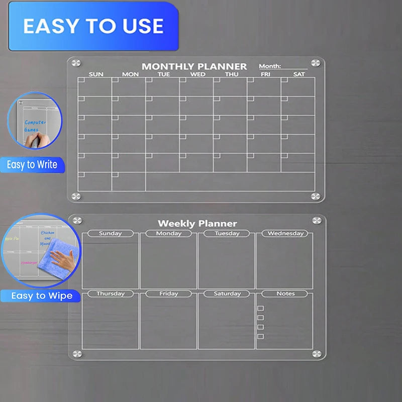 A set of magnetic acrylic dry erase fridge planners showing monthly and weekly layouts for organization