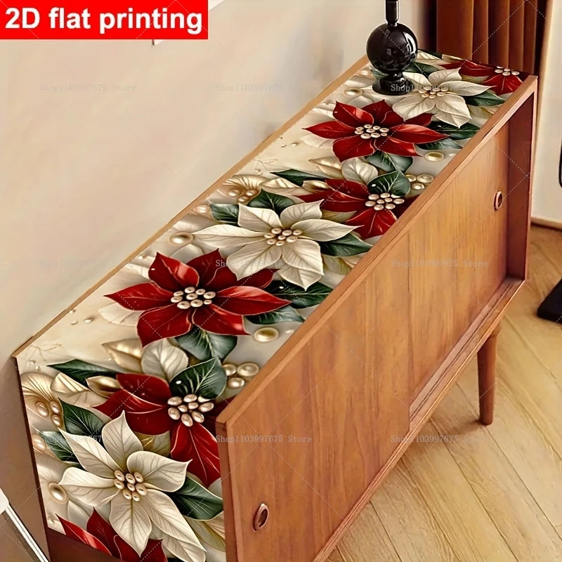 A long table runner featuring a festive design of red and white poinsettia flowers and green leaves.