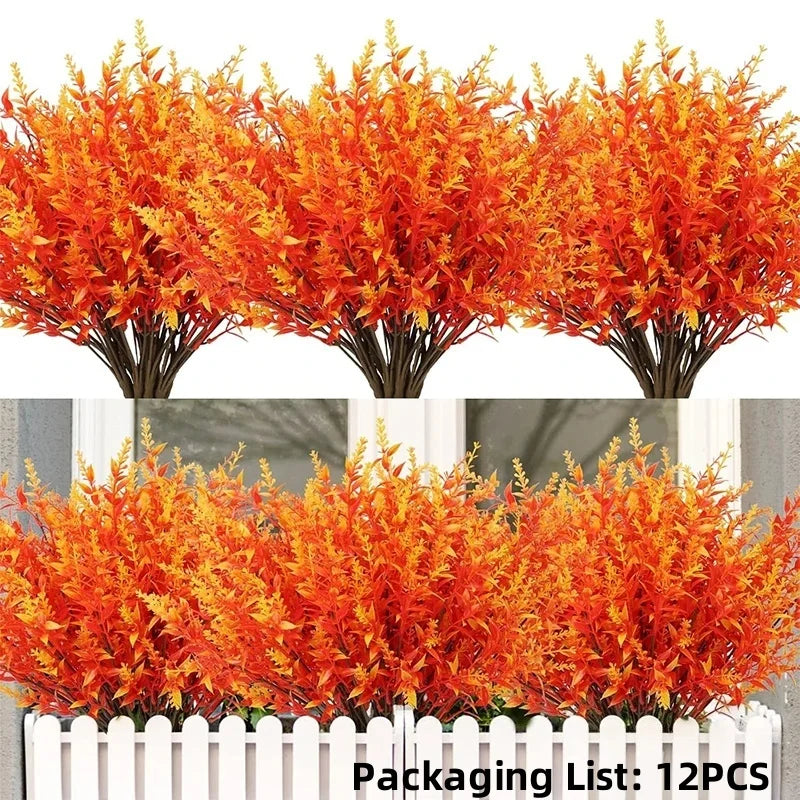 A grouping of bright orange and yellow artificial lavender stems used for outdoor decoration.