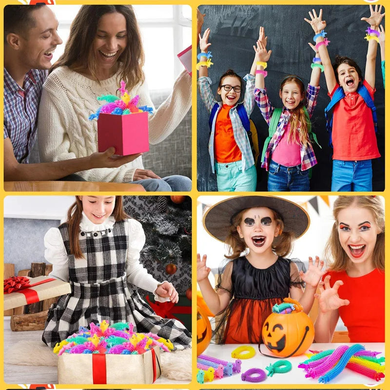 A set of colorful stretch sensory fidget toys including pop-it toys and a pumpkin toy.