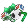 A set of six green and multi-colored soccer themed balloons, including a ball and a boot.