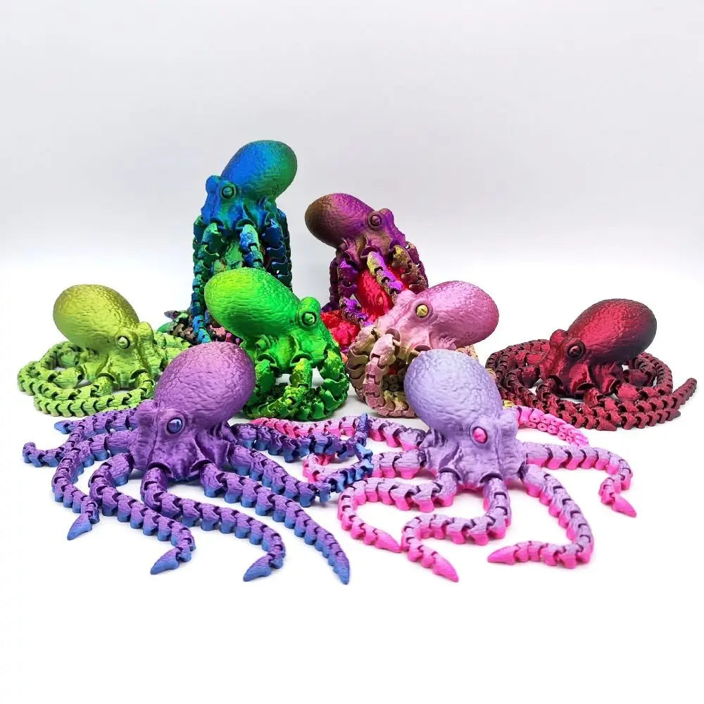 A collection of brightly colored, articulated 3D printed octopus figurines in various shades of green, purple, and pink.