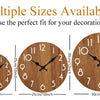 Multiple sizes of a minimalist wooden wall clock showing different face diameters and hands.
