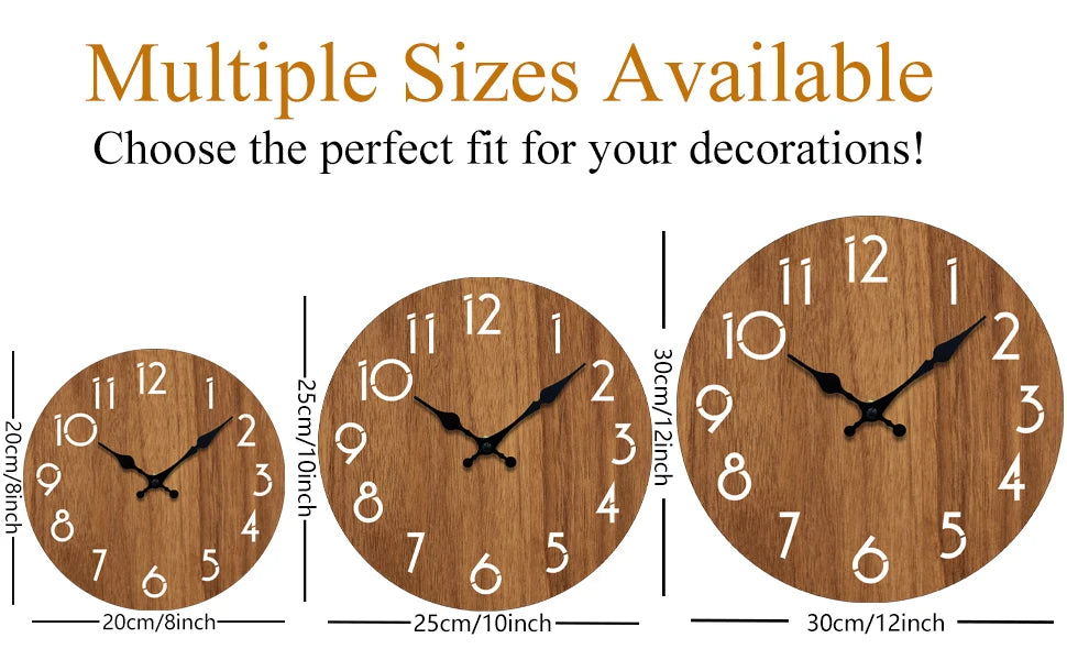 Multiple sizes of a minimalist wooden wall clock showing different face diameters and hands.