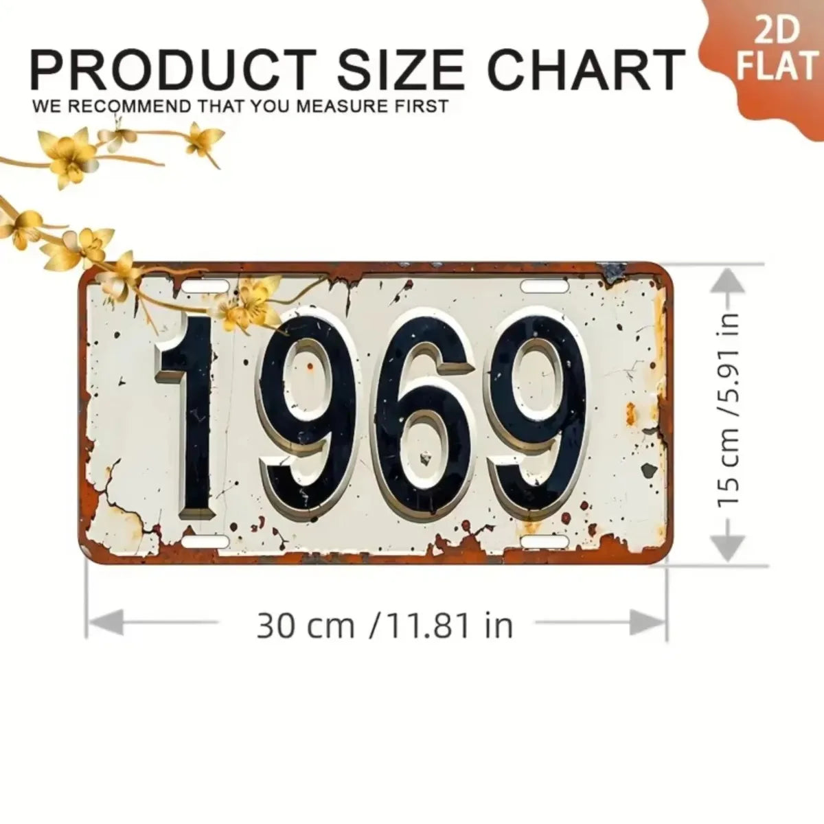A vintage style aluminum license plate with the year 1969 embossed on it.