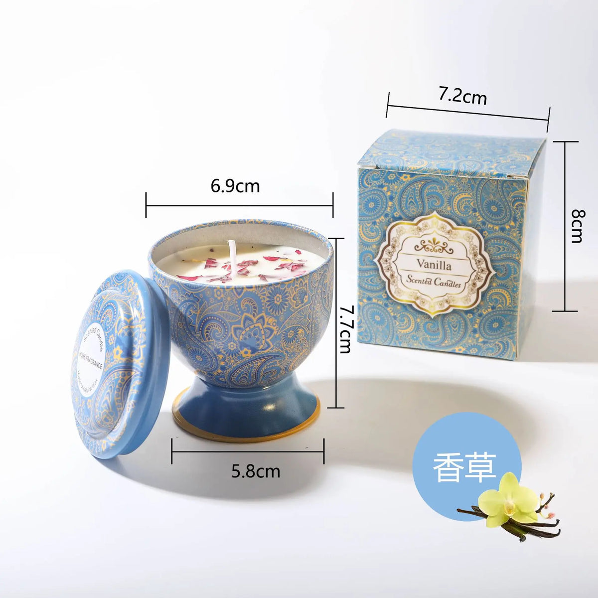 A blue and gold soy wax aromatherapy candle gift set in a tin box with a decorative lid.